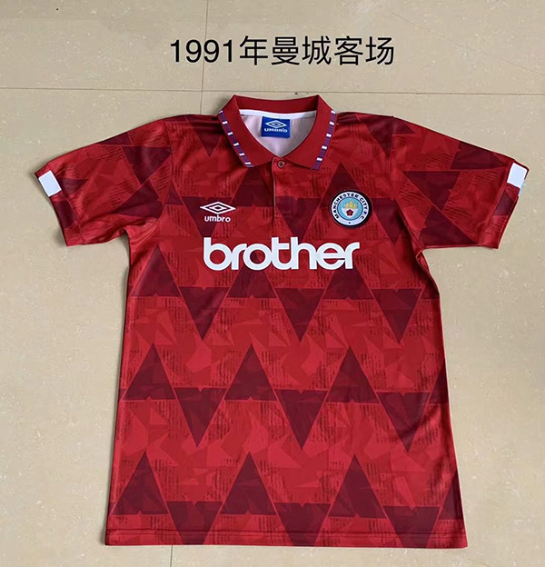 1991 Season Manchester City Away Red Color Football Retro Jersey