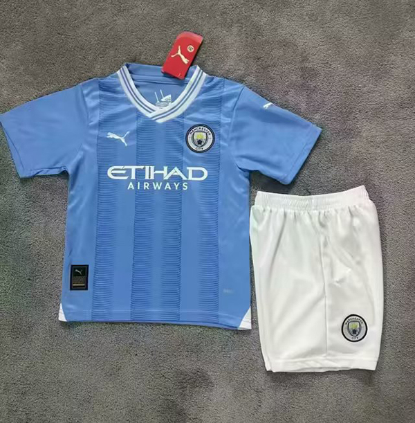 23-24 Season Manchester City Home Blue Color Youth Kids Football Uniform