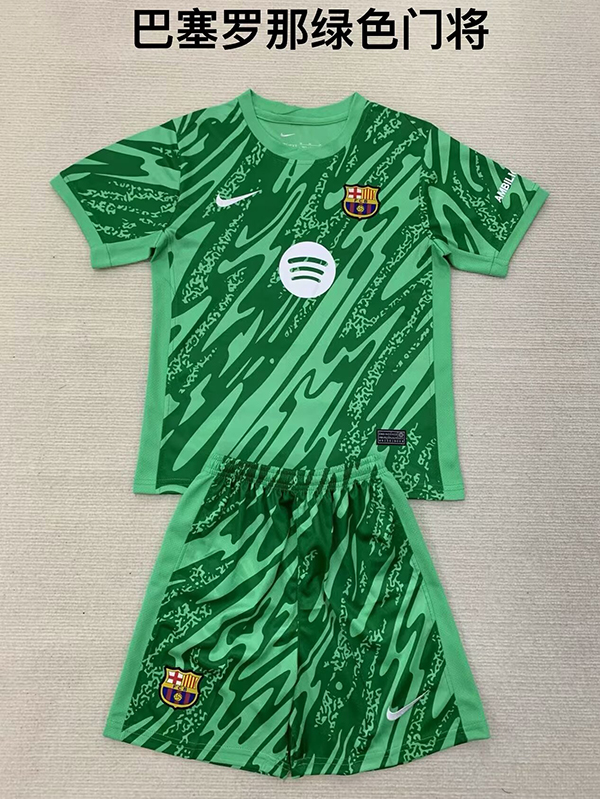 24-25 Season Barcelona Goalkeeper Green Color Youth Kids Football Kit