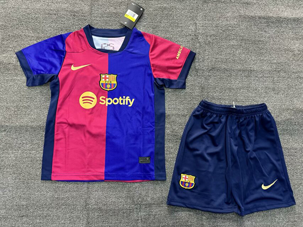 24-25 Season Barcelona Home Red-Blue Color Kids Football Uniform