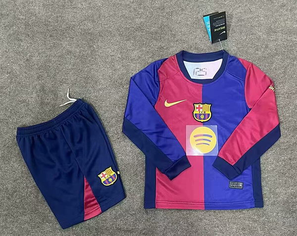 24-25 Season Barcelona Home Red-Blue Color Long Sleeve Youth Kids Football Kit