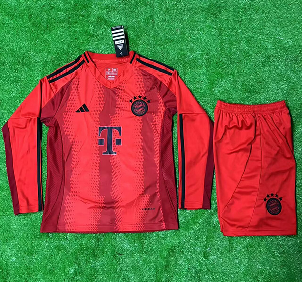 24-25 Season Bayern Munich Home Red Color Long Sleeve Kids Football Kit