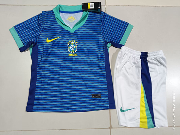 24-25 Season Brazil Away Blue Color Youth Kids Football Uniform