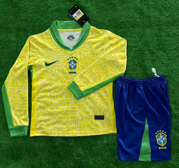 24-25 Season Brazil Home Yellow Color Long Sleeve Kids Football Uniform