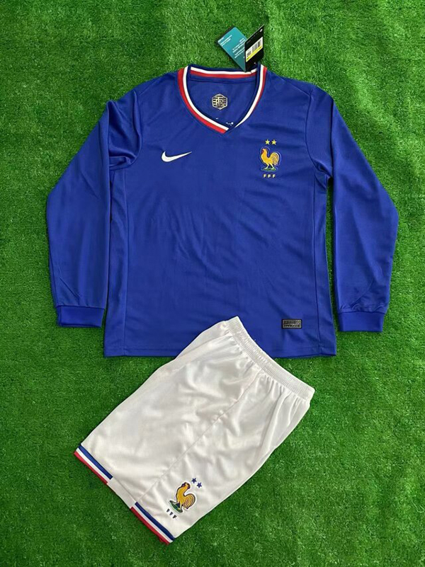 2024 Euro Cup France Home Blue Color Long Sleeve Youth Kids Football Uniform