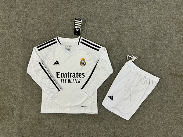 24-25 Season Real Madrid Home White Color Long Sleeve Youth Kids Football Kit