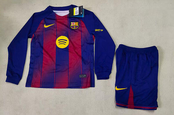 25-26 Season Barcelona Home Red-Blue Color Long Sleeve Youth Kids Football Kit