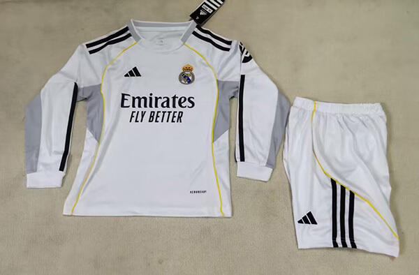 25-26 Season Real Madrid Home White Color Long Sleeve Youth Kids Football Kit